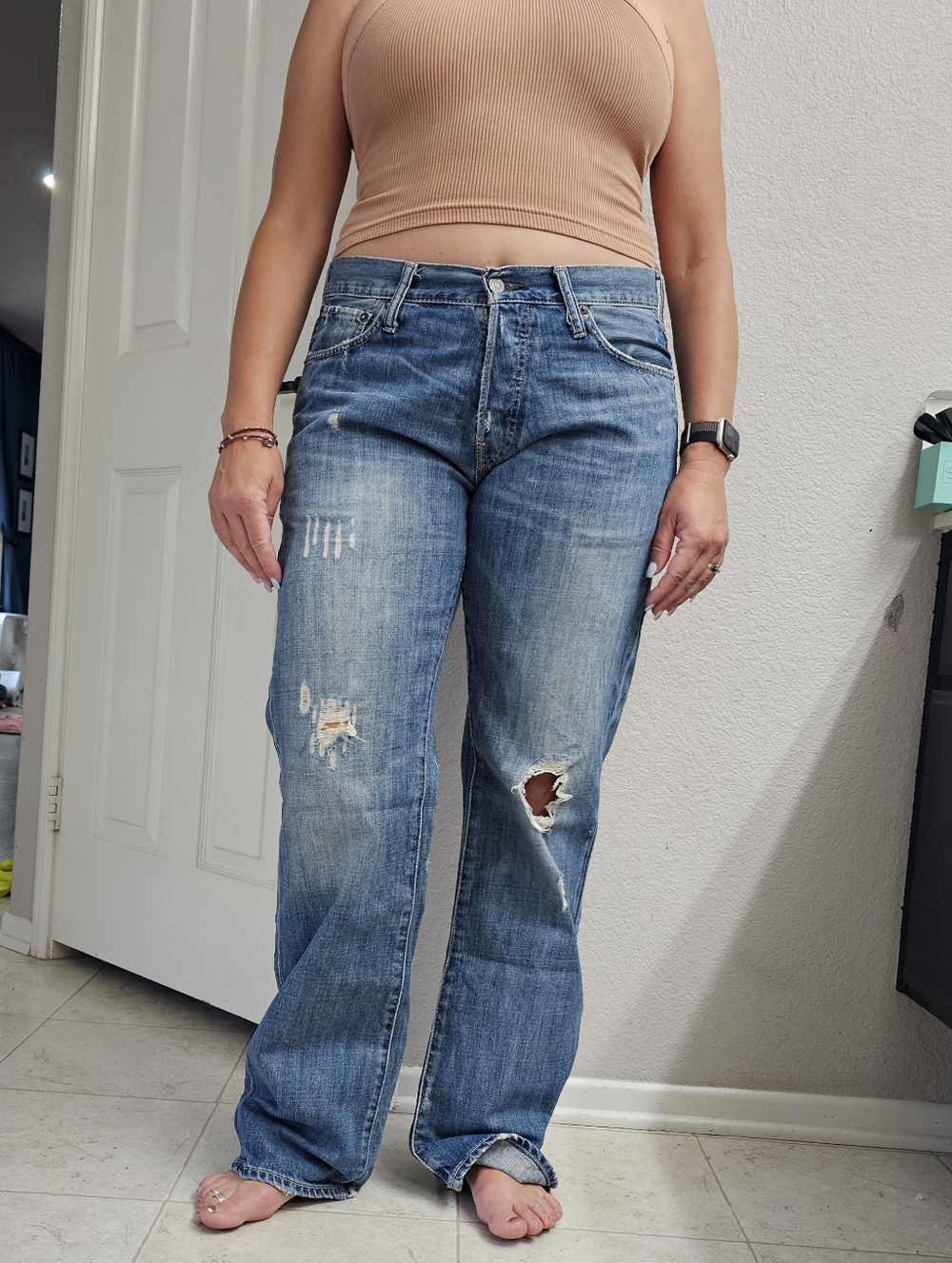 Abercrombie & Fitch Men's Destroyed Distressed Low Rise Button Fly Blue Jeans 36